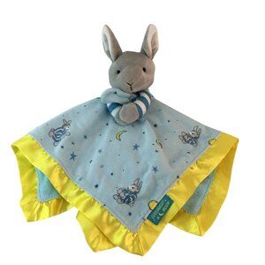Goodnight Moon Bunny Rabbit Blue Lovey Baby Security Blanket‎ Yellow Satin Trim